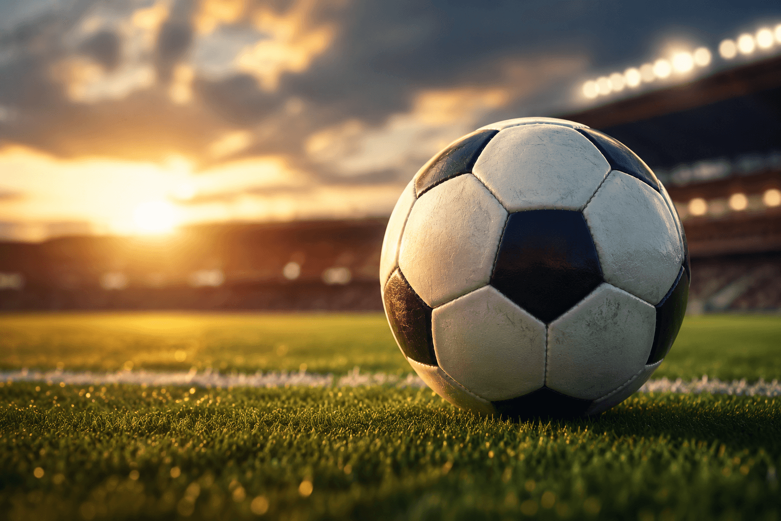 Fotboll på plan i solnedgång